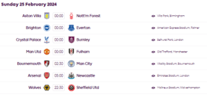 프리미어리그 2월 25일 경기 일정