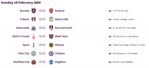 프리미어리그 2월 18일 경기 일정