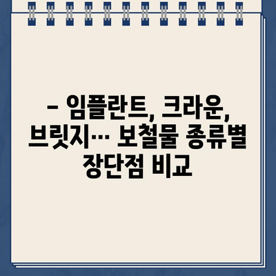 골드 크라운 빠진 자리, 임플란트가 답? 보철물 종류별 비용 비교 가이드 | 임플란트, 크라운, 보철, 비용, 가격, 종류